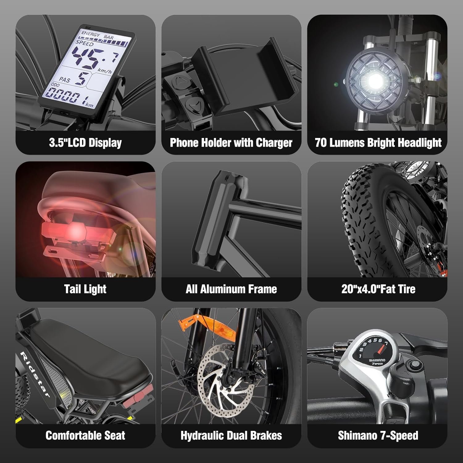 Ridstar Electric Bike for Adults 1500w 33mph,48v 20ah Electric Bicycle,20″ Fat Tire,7-Speed Mountain Bike Ul2849 - Image 5